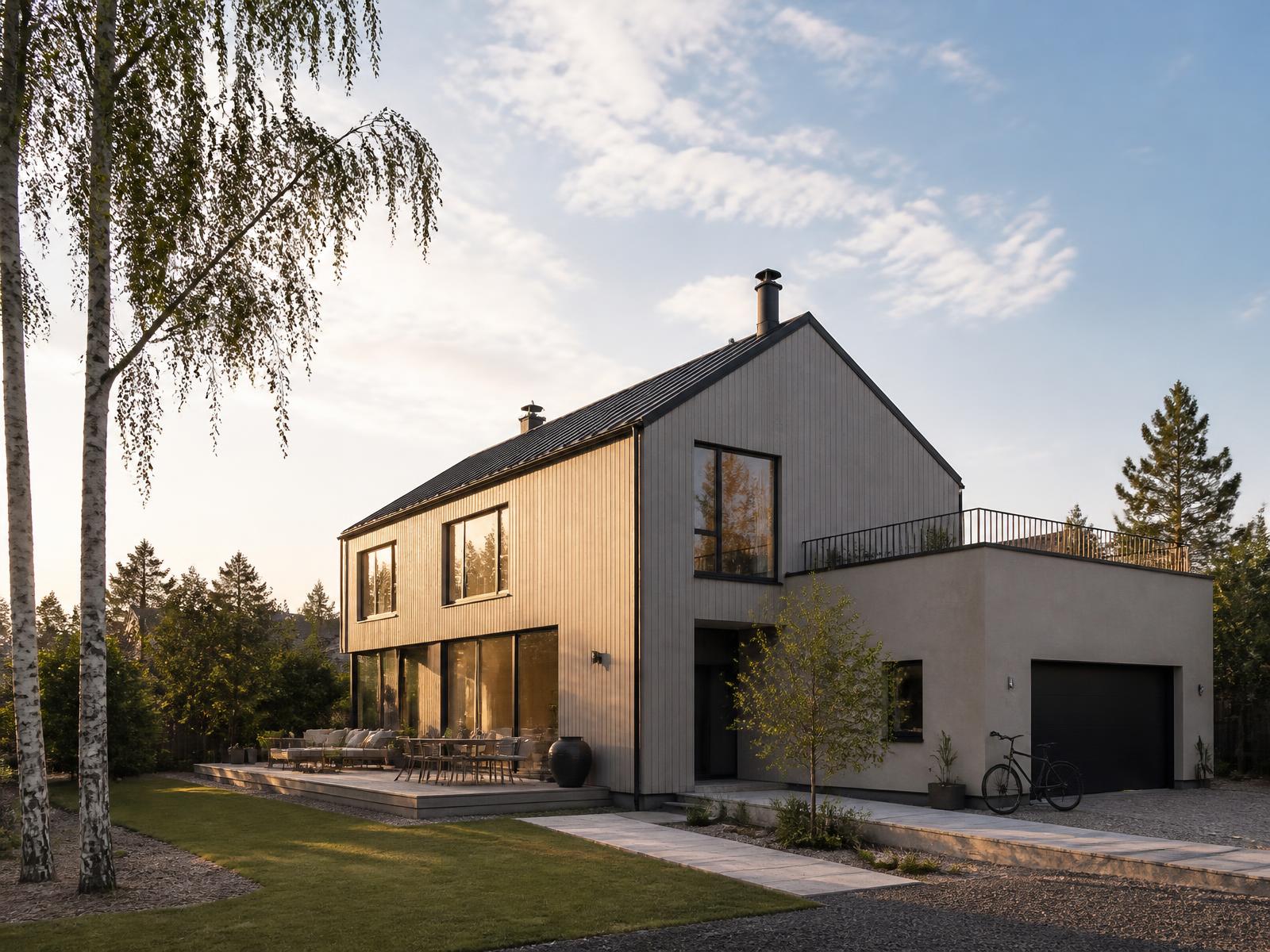 Modern svensk villa i kvällsljus med björkar i trädgården